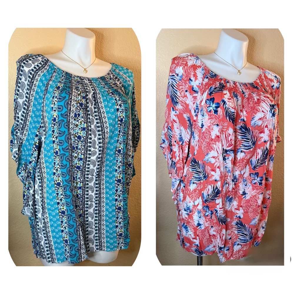 2/$24 Terra & Sky Blue and Coral Floral Blouses